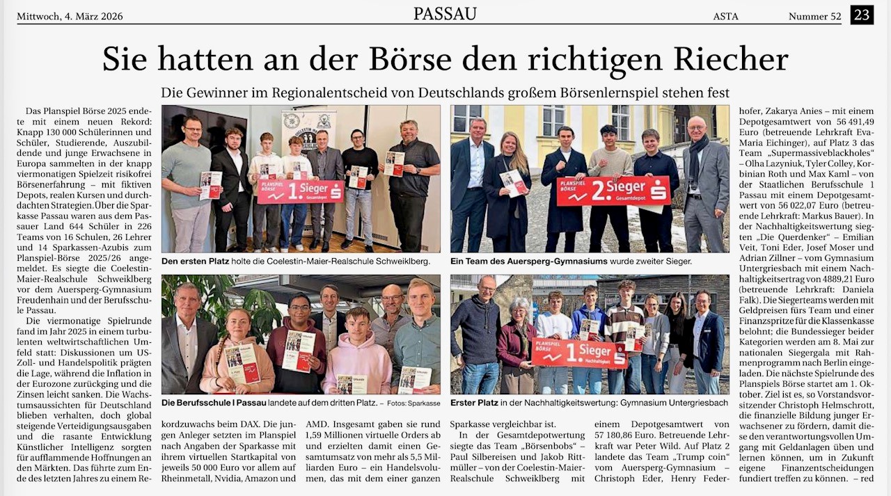 Planspiel Börse 2025 - Unsere Gewinner-Teams der Sparkasse Passau