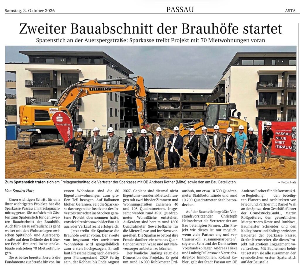 Mit dem zweiten Bauabschnitt der Brauhöfe entstehen in Passau 70 neue Mietwohnungen in zentraler Lage – Interessierte können sich bereits jetzt bei der Sparkasse Passau vormerken lassen.